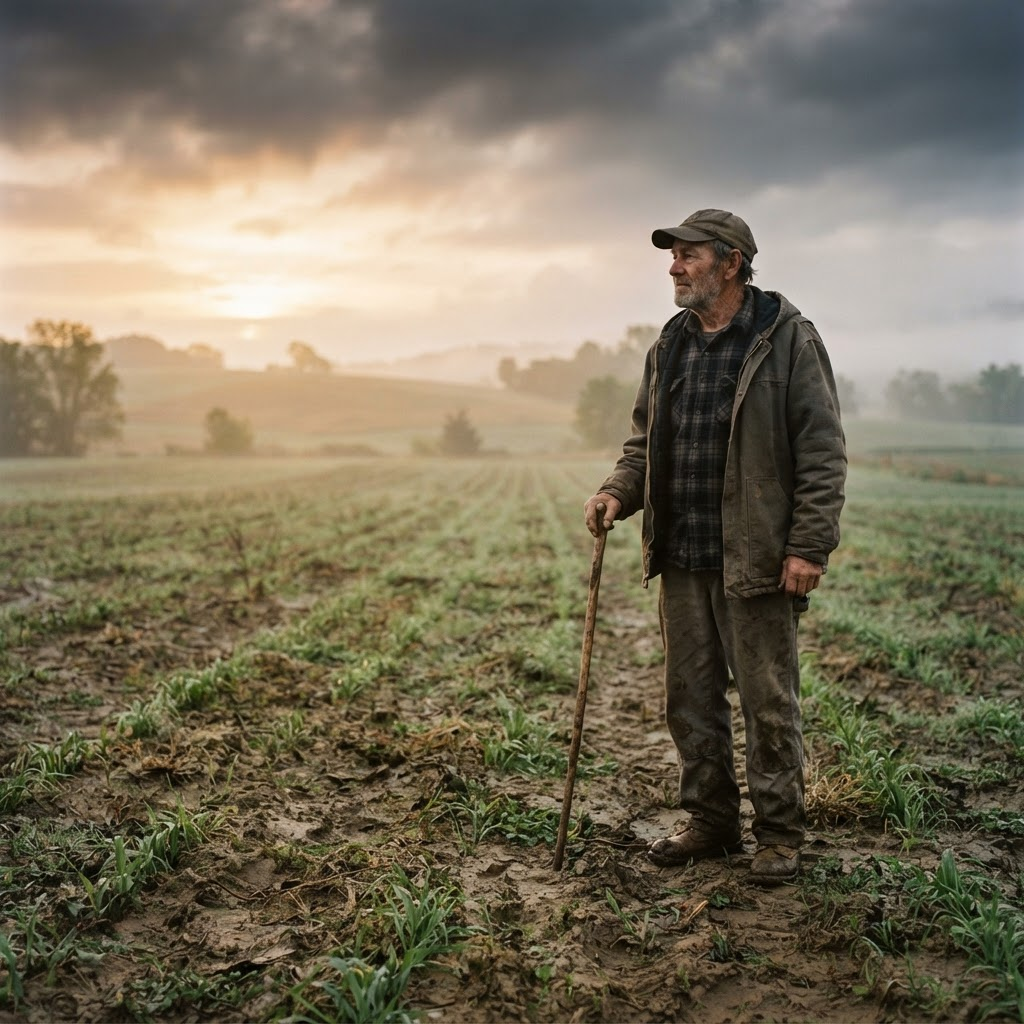 A resilient farmer looking over recovering fields at dawn after a hard season