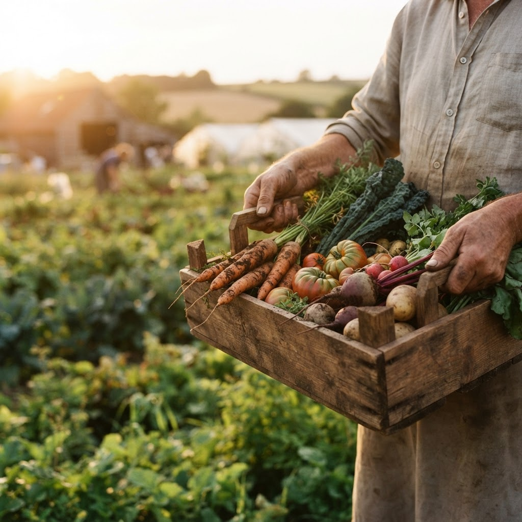 A farmer holding a crate of freshly harvested vegetables at golden hour